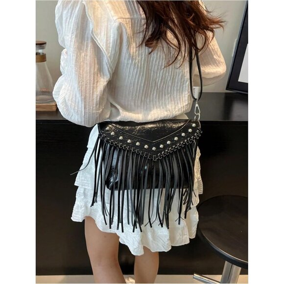Women's Faux Leather Crossbody Bag Flap Fringe Rivet Y2K Clutch Handbag - Picture 5 of 6